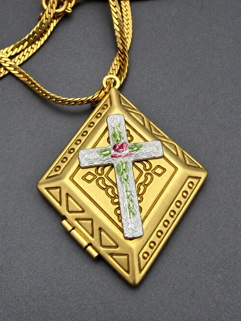Vintage Locket Necklace with Guilloche Cross and Pink Rose Accent